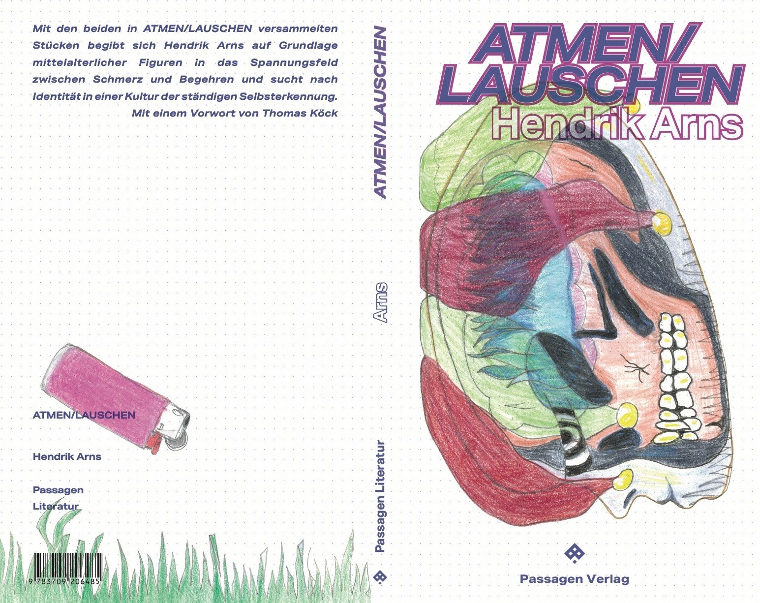 The ATMEN/LAUSCHEN cover: an anatomical drawing of an open mouth in red and green on white, with the blurb on the back panel.
