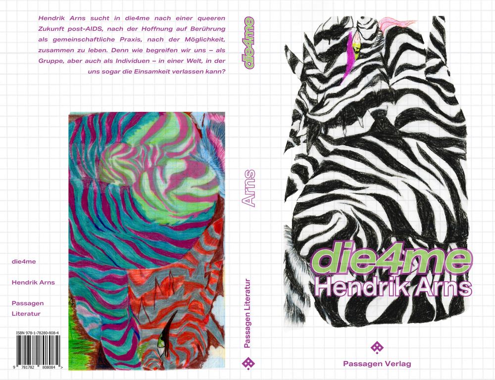 The die4me cover: a zebra pattern with the title in green, and a marbled red-green back panel.