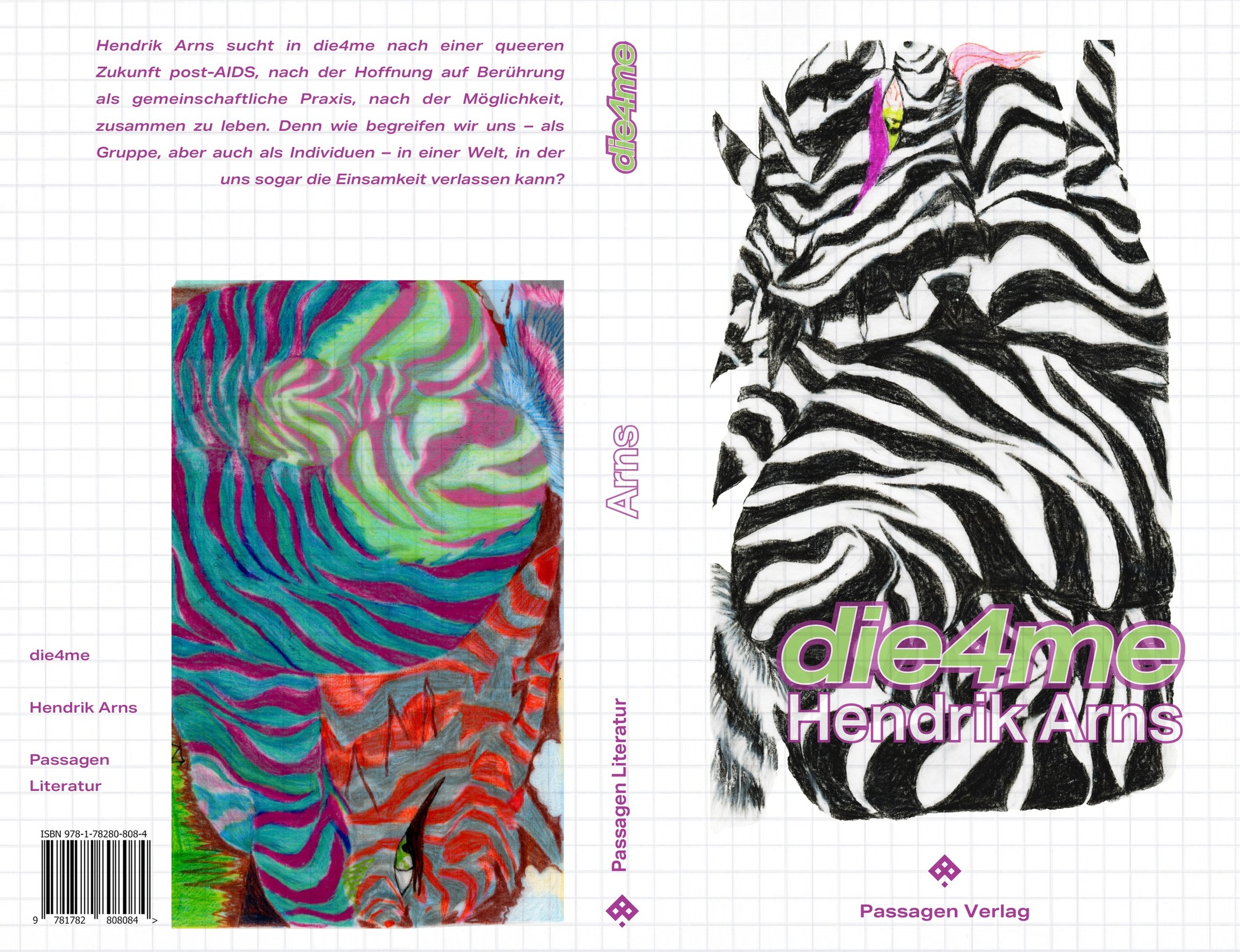 The die4me cover: a zebra pattern with the title in green, and a marbled red-green back panel.